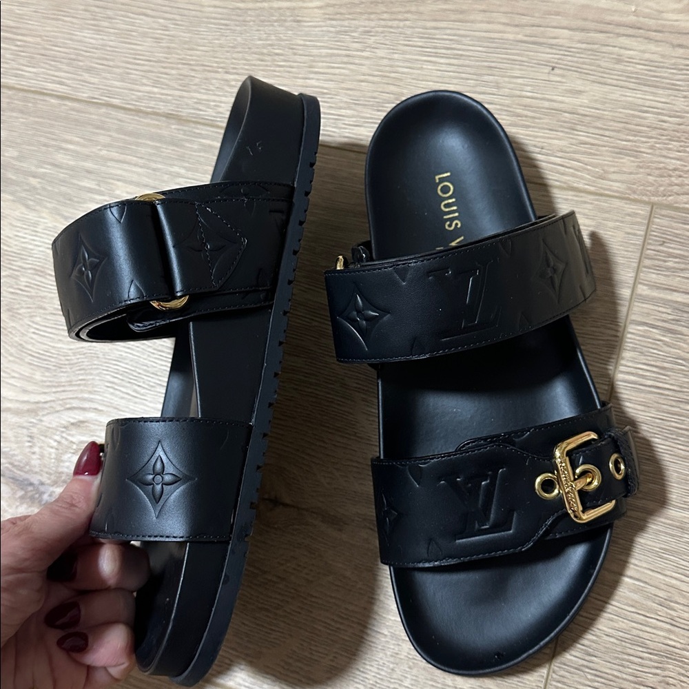 Louis Vuitton Black Slides with Gold Buckle - Picture 3 of 3